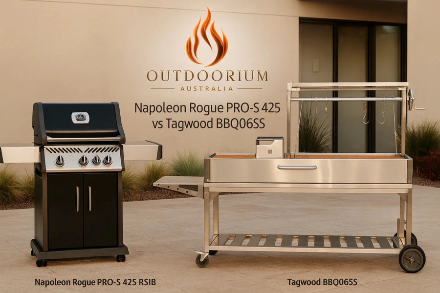 Napoleon Rogue Series gas BBQ beside a Tagwood BBQ06SS parrilla grill in an Australian outdoor entertaining setting