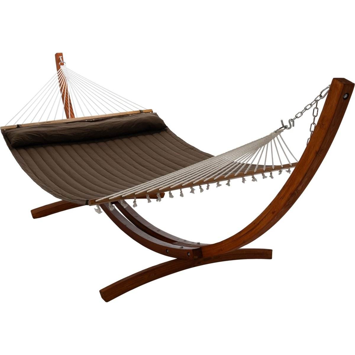 12ft Wooden Arc Hammock Stand & King Quilted Hammock in Brown | Outdoorium