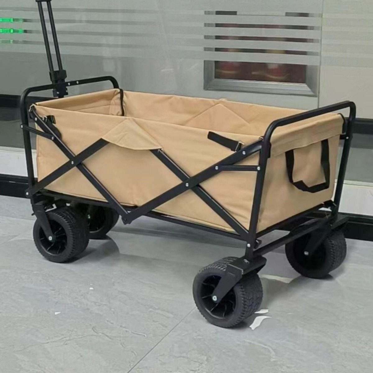 1PC Foldable Shopping Cart ( Khaki ), Heavy Duty Collapsible Wagon with All - Terrain 10cm Wheels, Load 150kg, Portable 160 Liter Large Capacity Beach Wagon, Camping, Garden, Beach Day, Picnics, Shopping, Outdoor Grocery Cart with Adjustable Handle | Outdoorium