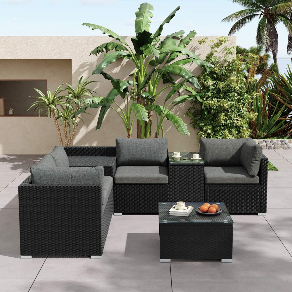 7PC Outdoor Wicker Loveseat Setting with Storage Corner (Black) | Outdoorium