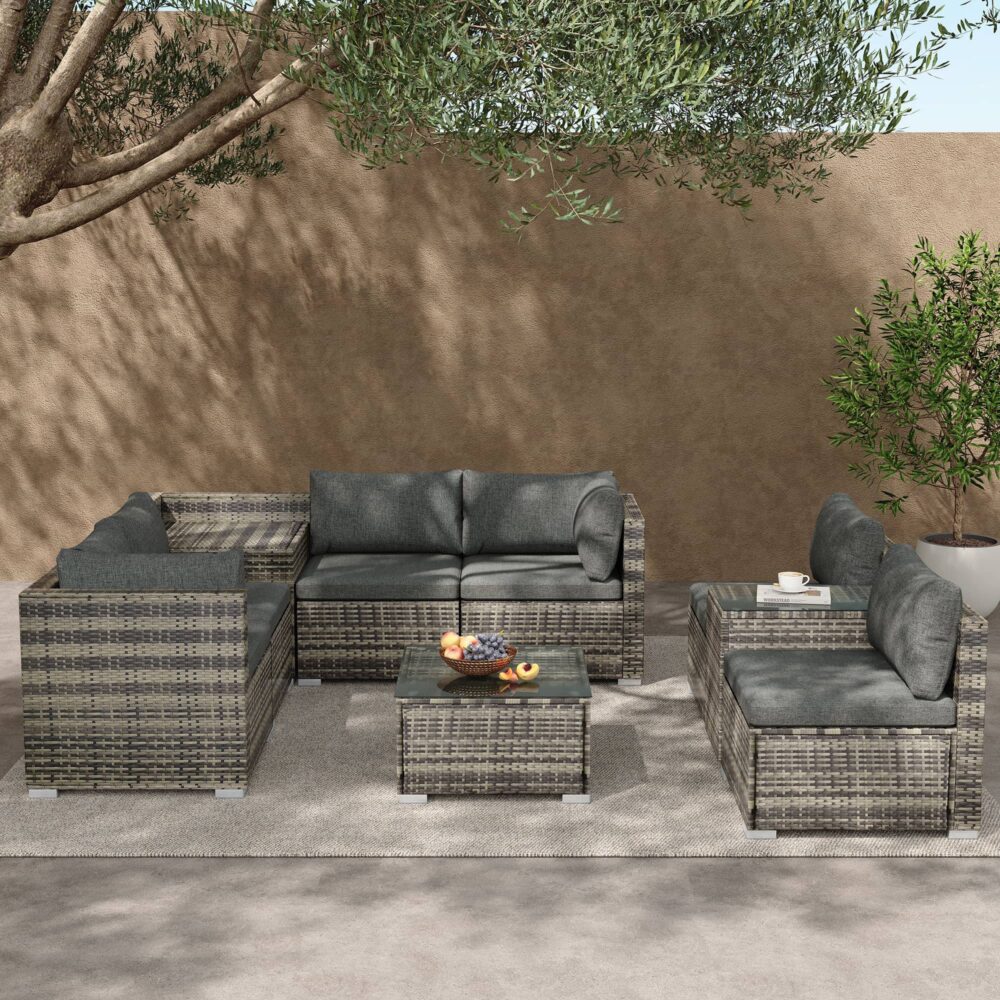 9PCS Outdoor Furniture Modular Lounge Sofa with Wicker End Table - Outdoorium