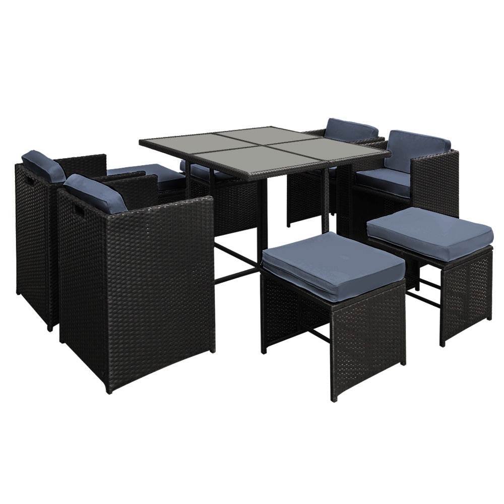 Gardeon Outdoor Dining Set 9 Piece Wicker Table Chairs Setting Black | Outdoorium