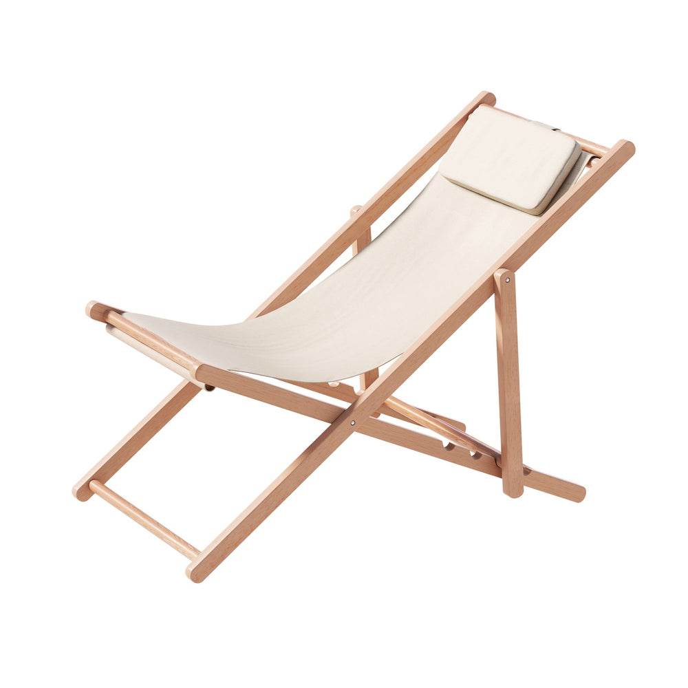 Gardeon Outdoor Deck Chair Wooden Sun Lounge Folding Beach Patio Furniture Beige | Outdoorium