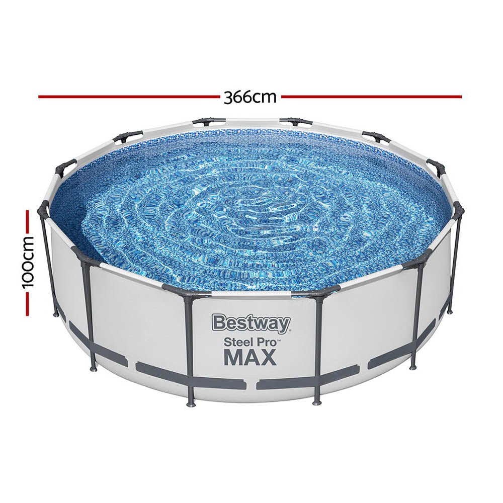 Bestway Swimming Pool 366x100cm Steel Frame Round Above Ground Pools w/ Filter Pump 9150L - Outdoorium