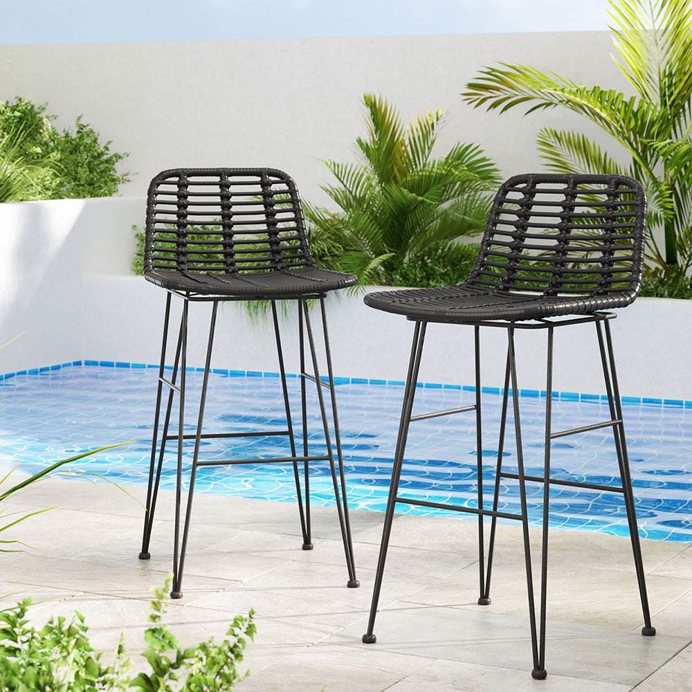 Gardeon 2x Outdoor Bar Stools Rattan Black | Outdoorium