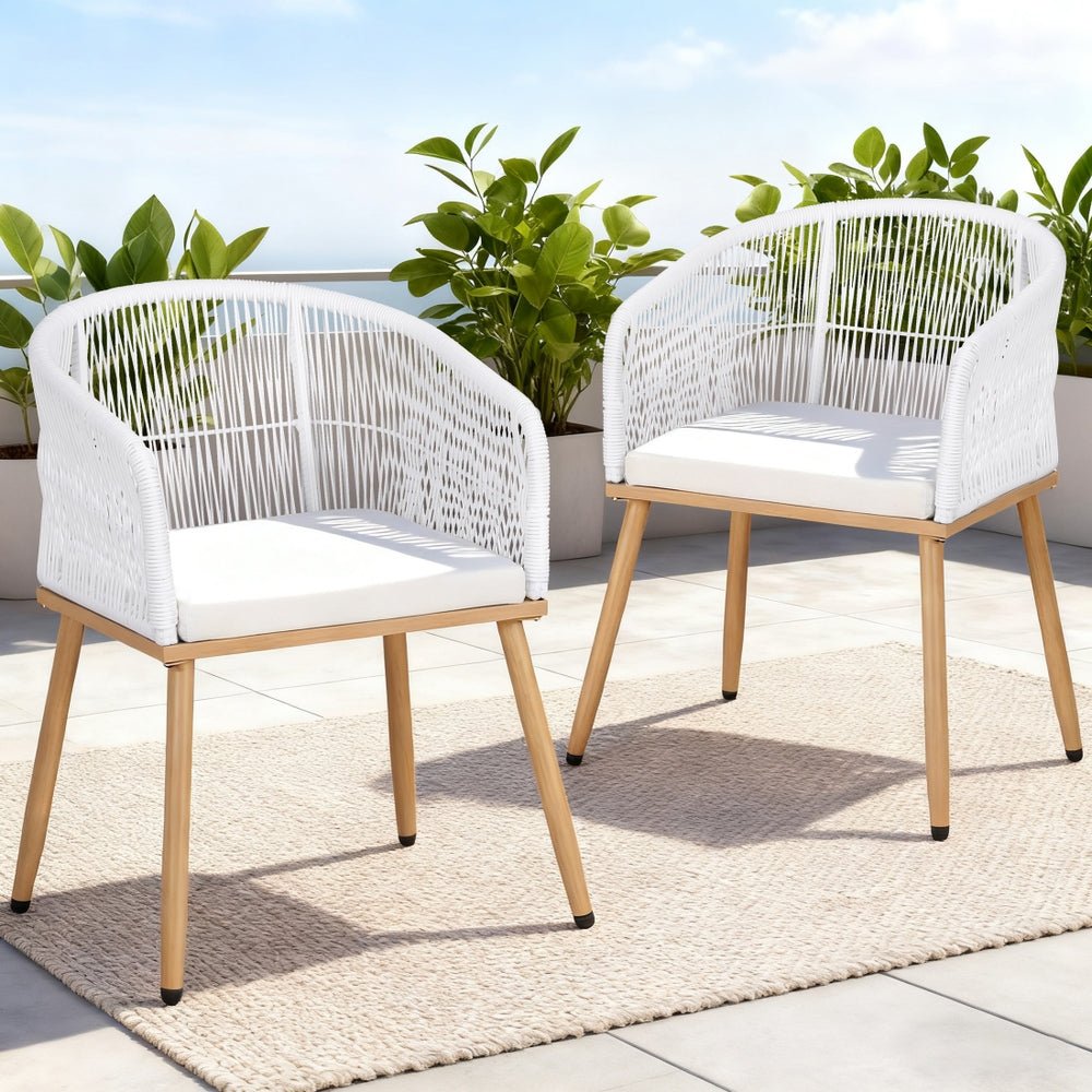 Gardeon 2PC Outdoor Dining Chairs Wicker Chair Patio Furniture Garden Steel White | Outdoorium
