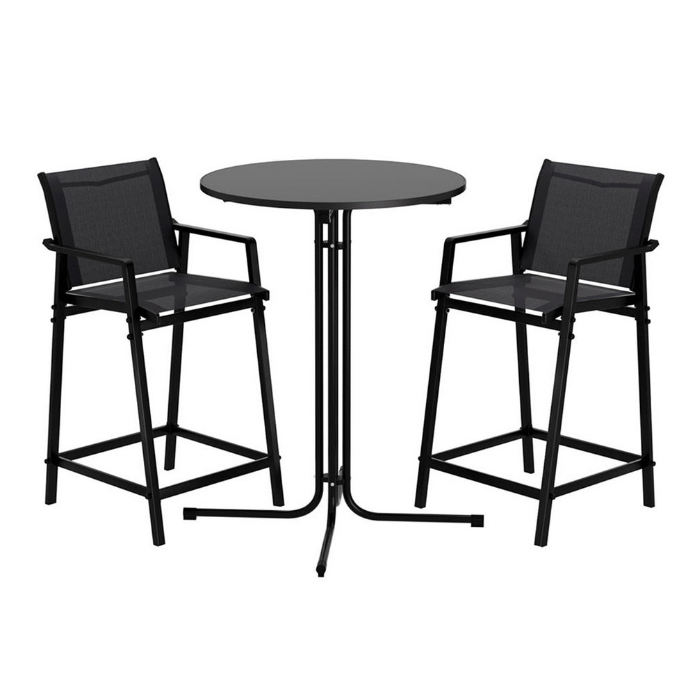 Gardeon 3PC Outdoor Bar Set Stools Dining Chairs Table Patio Furniture Bistro Set Steel Black | Outdoorium