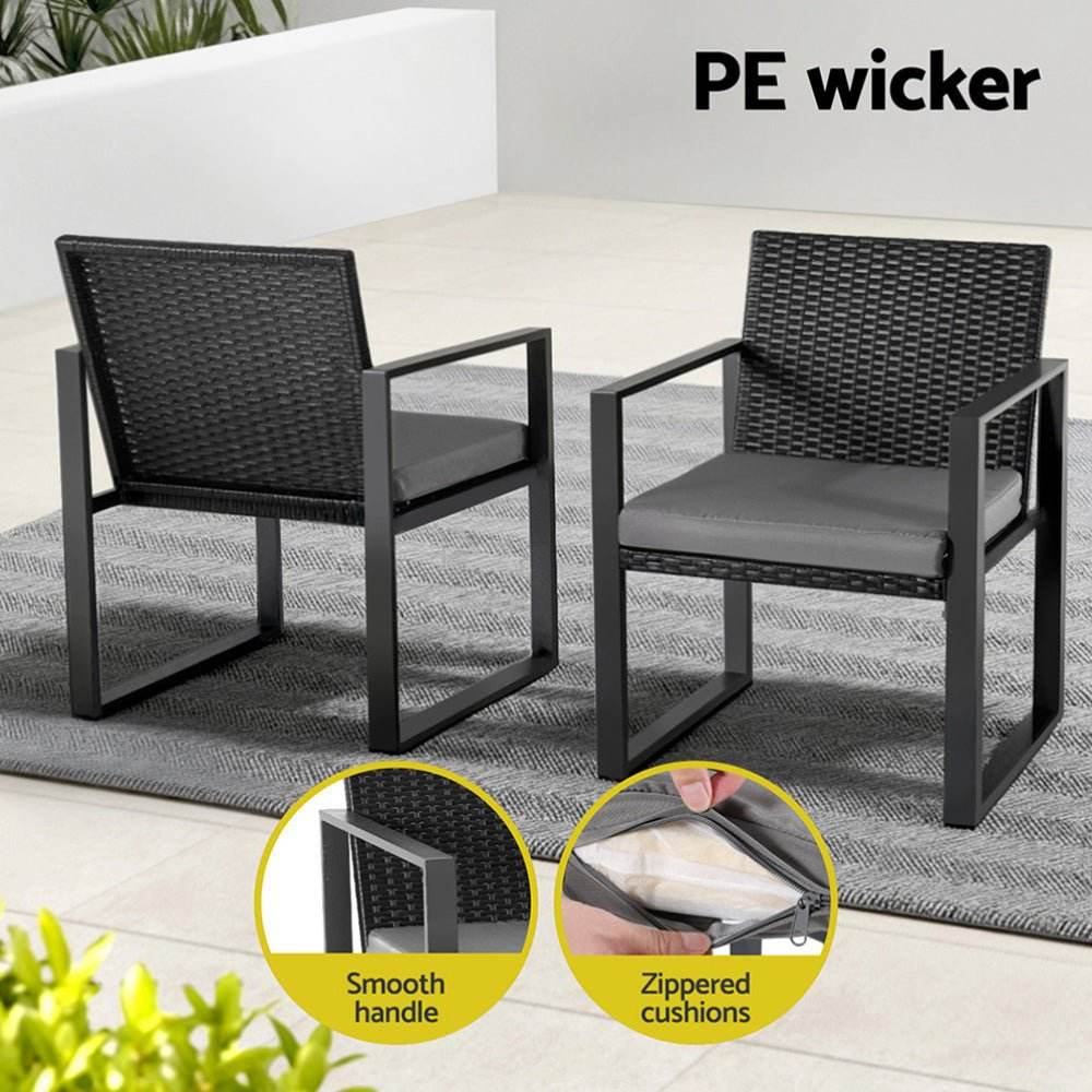Gardeon 3PC Outdoor Bistro Set Patio Furniture Wicker Dining Chairs Table Cushion Black | Outdoorium