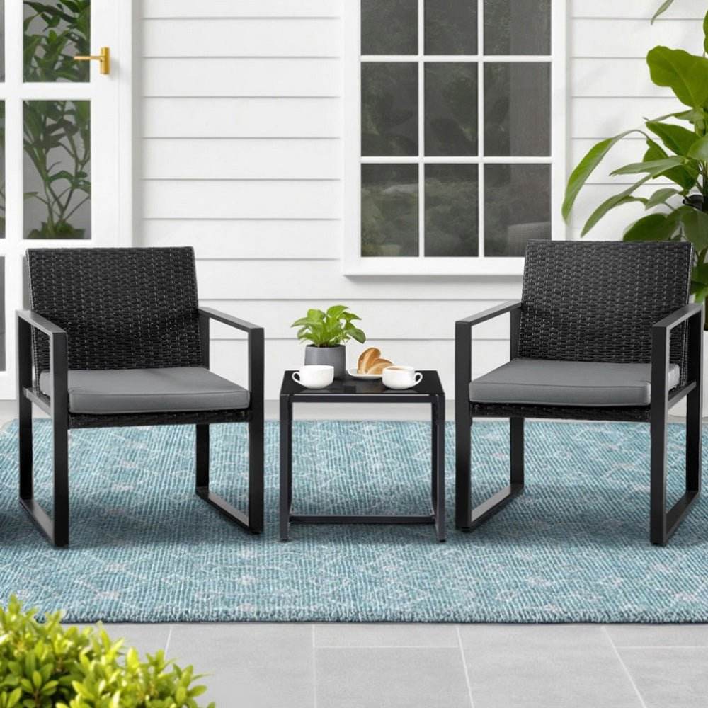 Gardeon 3PC Outdoor Bistro Set Patio Furniture Wicker Dining Chairs Table Cushion Black | Outdoorium