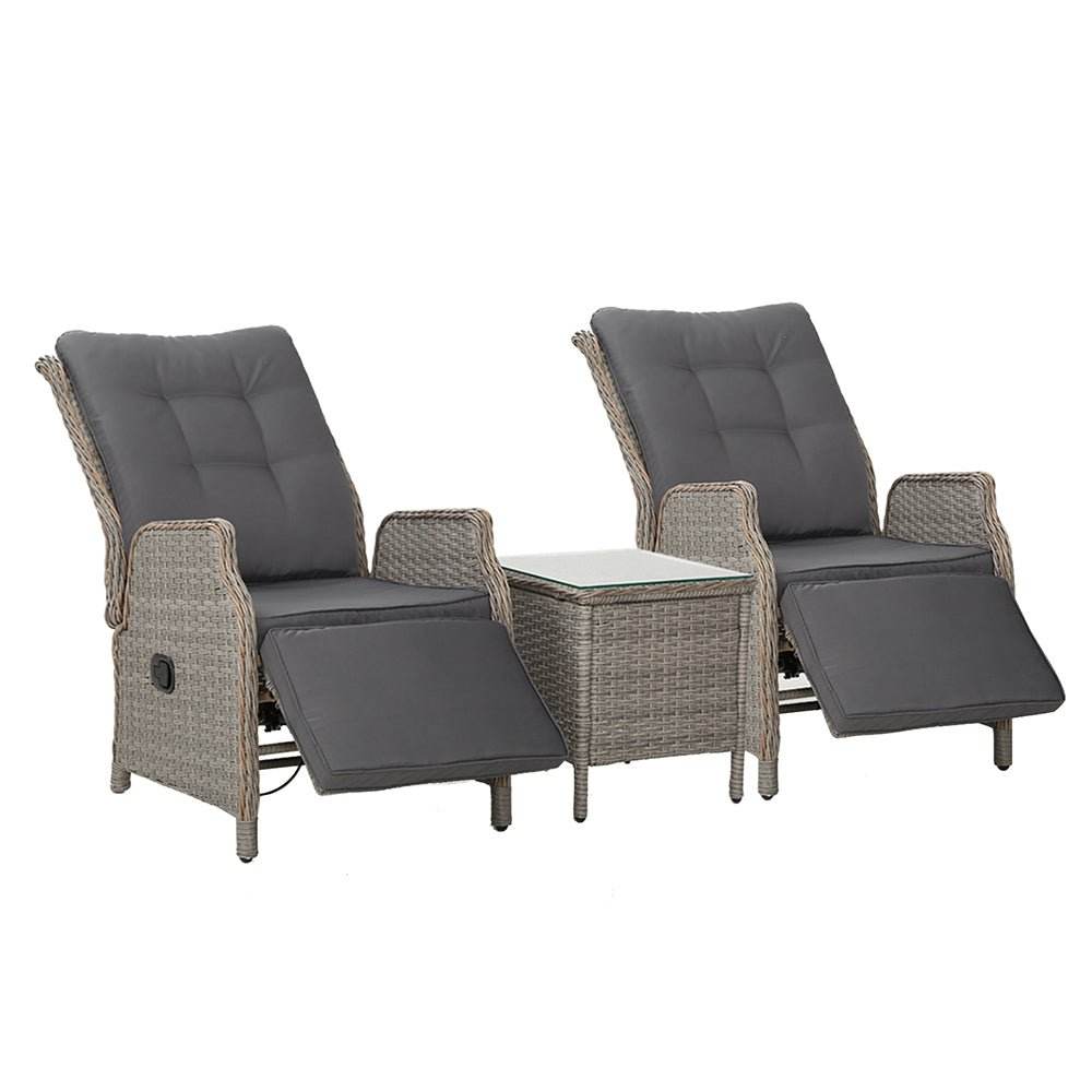Gardeon 3PC Recliner Chairs Table Sun lounge Outdoor Furniture Wicker Adjustable Grey | Outdoorium