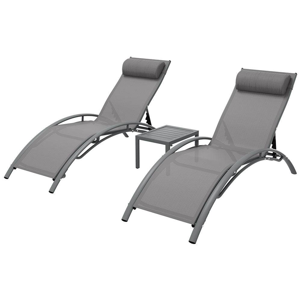 Gardeon 3PC Sun Lounge Outdoor Lounger Steel Table Chairs Patio Furniture Grey | Outdoorium
