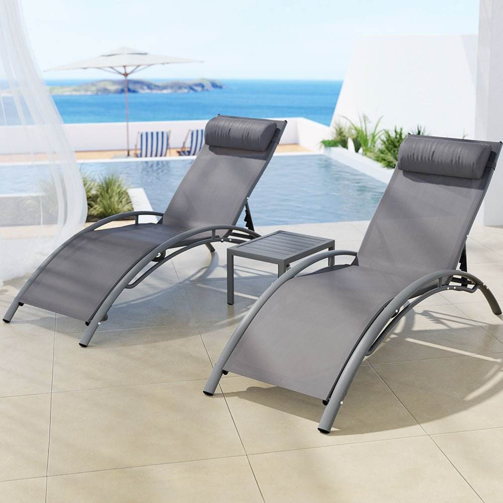 Gardeon 3PC Sun Lounge Outdoor Lounger Steel Table Chairs Patio Furniture Grey | Outdoorium