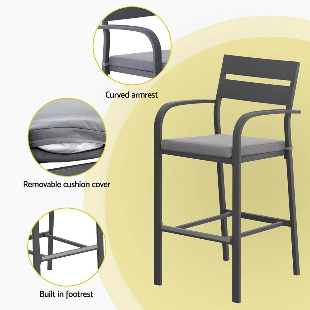 Gardeon 3Pcs Outdoor Bar Set Stools Dining Chairs Table Patio Aluminium Bistro Set Black | Outdoorium