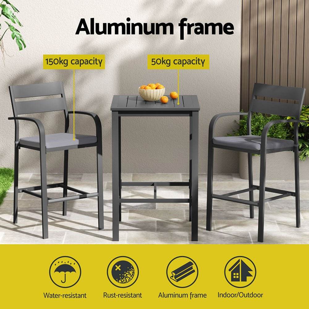 Gardeon 3Pcs Outdoor Bar Set Stools Dining Chairs Table Patio Aluminium Bistro Set Black | Outdoorium