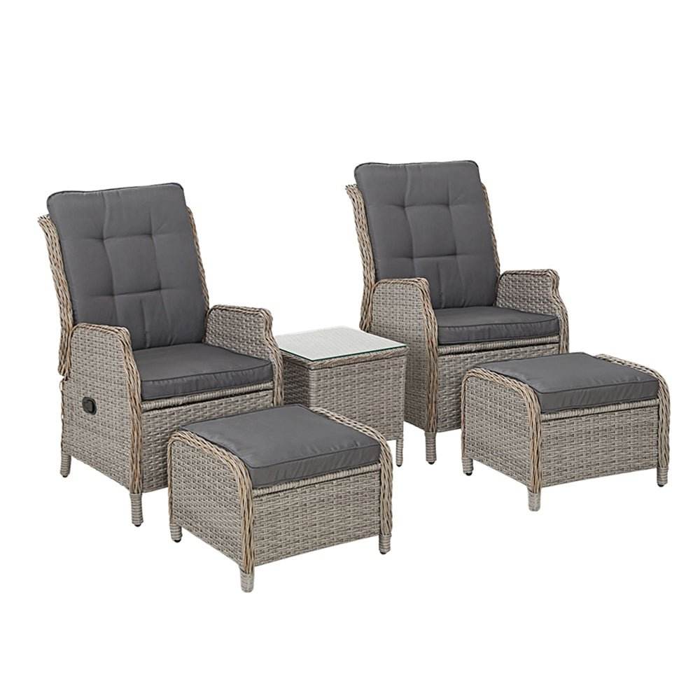 Gardeon 5PC Recliner Chairs Table Sun lounge Wicker Outdoor Furniture Adjustable Grey | Outdoorium