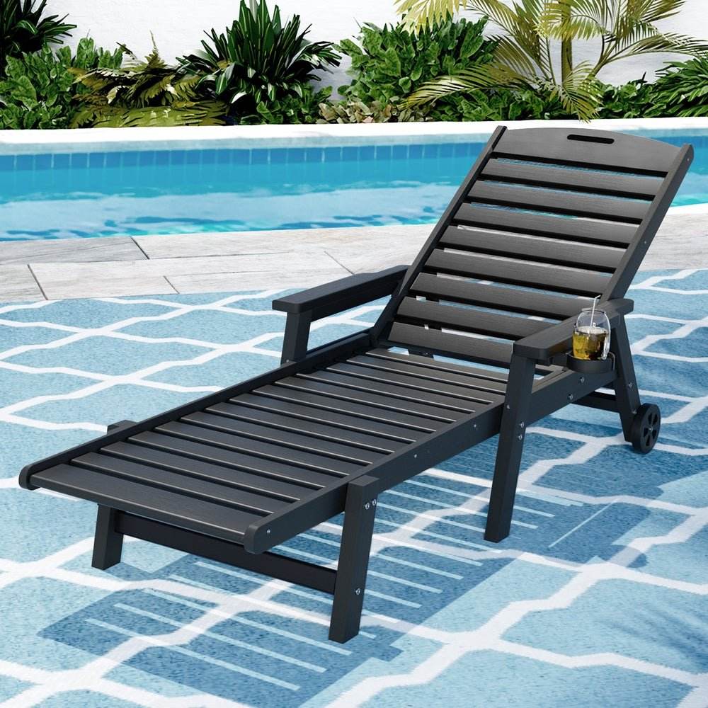 Gardeon Sun Lounge Lounger Beach Chair HDPE Patio Outdoor Furniture with Wheels Black | Outdoorium