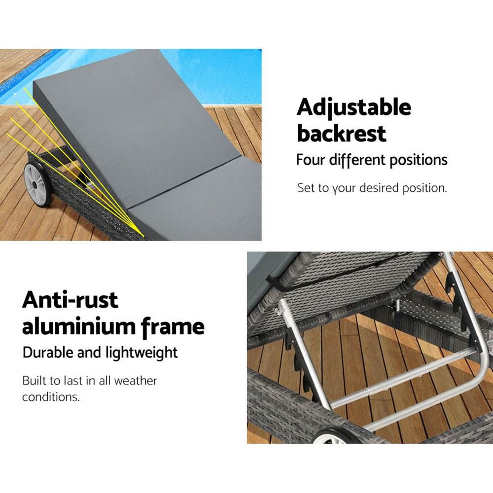 Gardeon Sun Lounge Wicker Lounger Outdoor Furniture Day Bed Wheels Patio Grey | Outdoorium