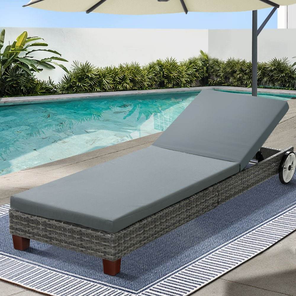 Gardeon Sun Lounge Wicker Lounger Outdoor Furniture Day Bed Wheels Patio Grey | Outdoorium