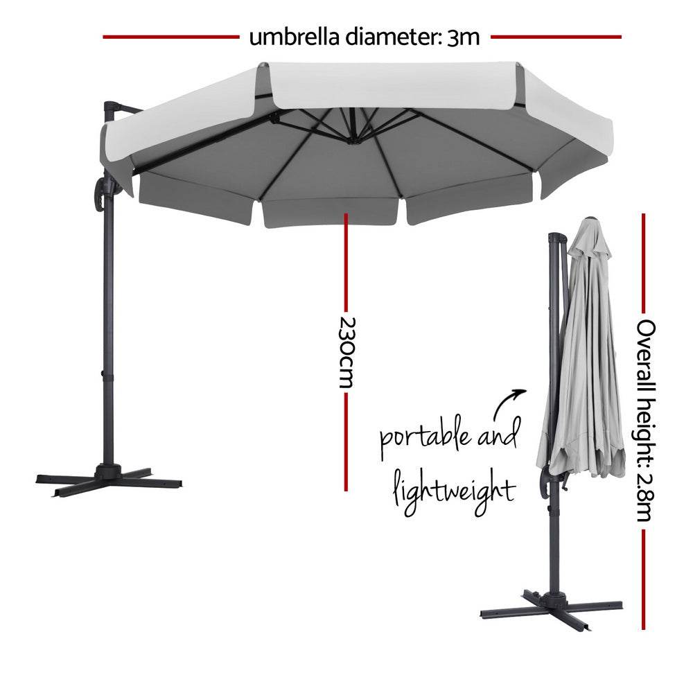 Instahut 3m Outdoor Umbrella Cantilever 360 Degree Tilt Beach Roma Grey | Outdoorium