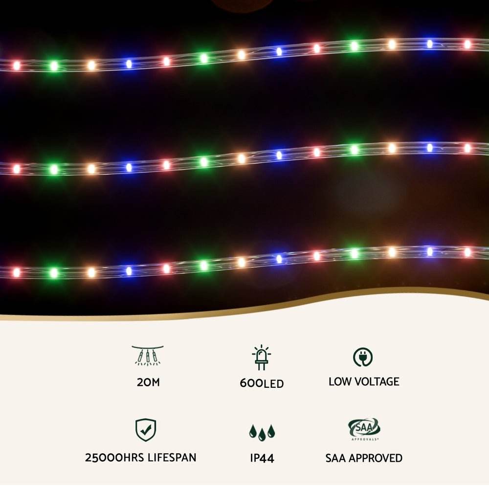20M Christmas Lights String Rope Light Decorations 600 LED Colorful Jingle Jollys | Outdoorium