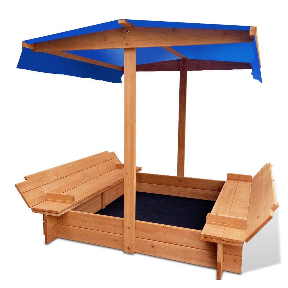 Keezi Kids Sandpit Wooden Sandbox Sand Pit with Canopy Foldable Seat Toys 120cm | Outdoorium