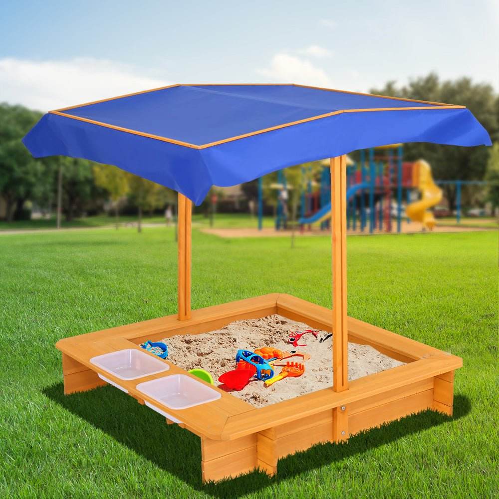 Keezi Kids Sandpit Wooden Sandbox Sand Pit with Canopy Water Basin Toys 103cm | Outdoorium