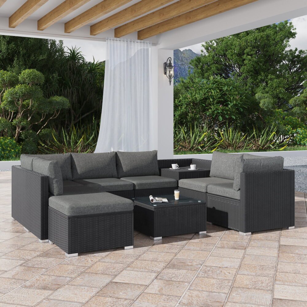 Large Modular Outdoor Ottoman Lounge Set in Black | Outdoorium