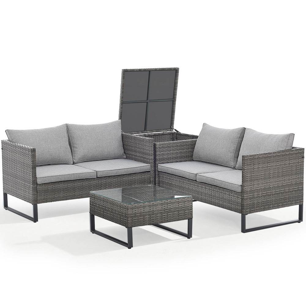 LONDON RATTAN 4 pc Outdoor Furniture Setting, 4 Seater Lounge, Chairs, Coffee Table and Storage Box, for Outdoors Garden Patio, Grey | Outdoorium
