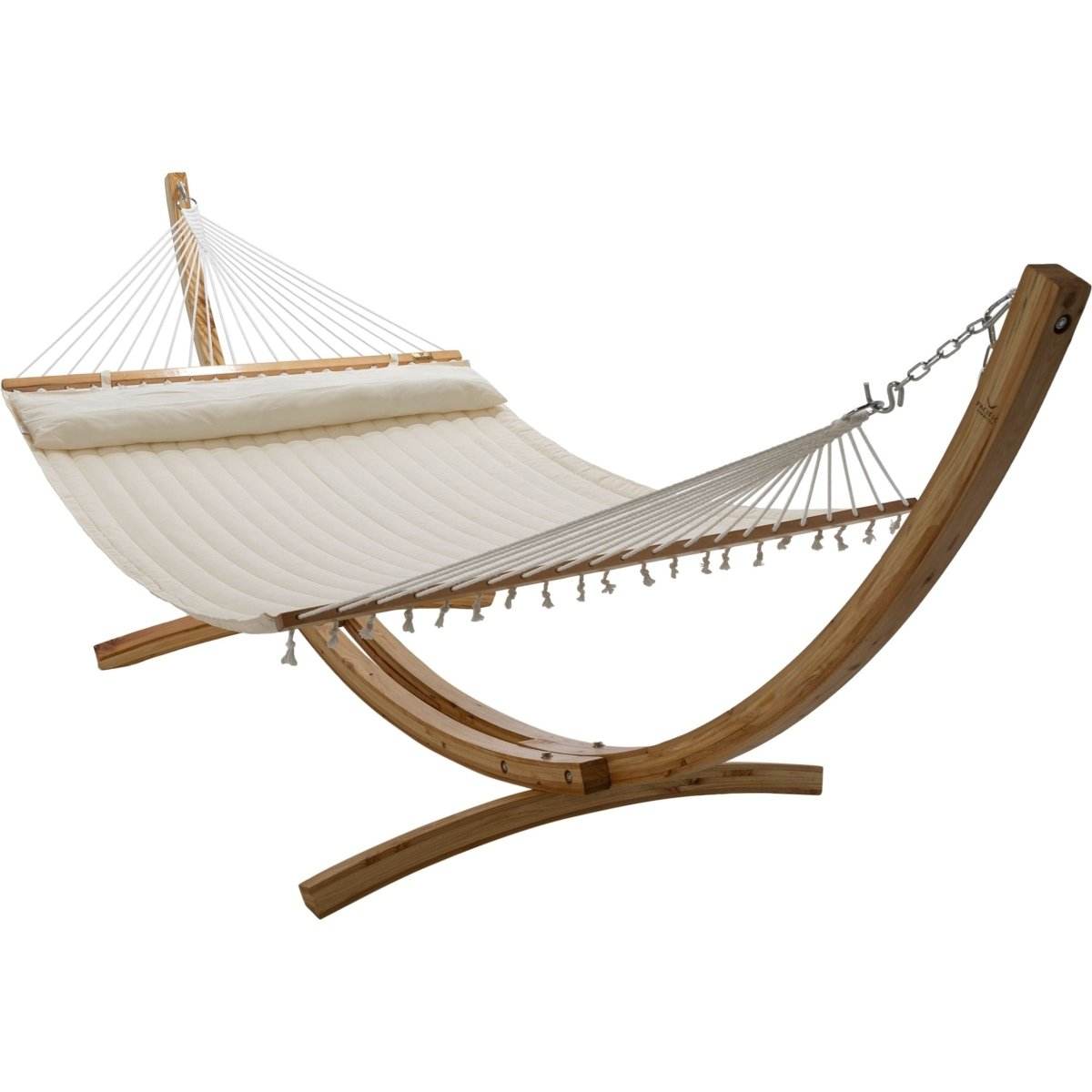 12ft Natural Wooden Arc Hammock Stand & King Quilted Hammock in Cream | Outdoorium