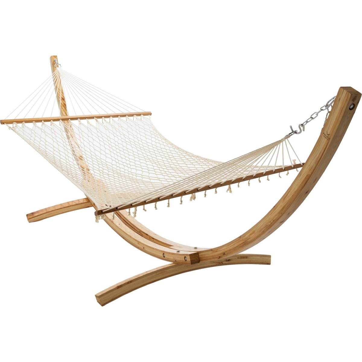 12ft Natural Wooden Arc Hammock Stand & Resort Polyester Rope Hammock - Outdoorium