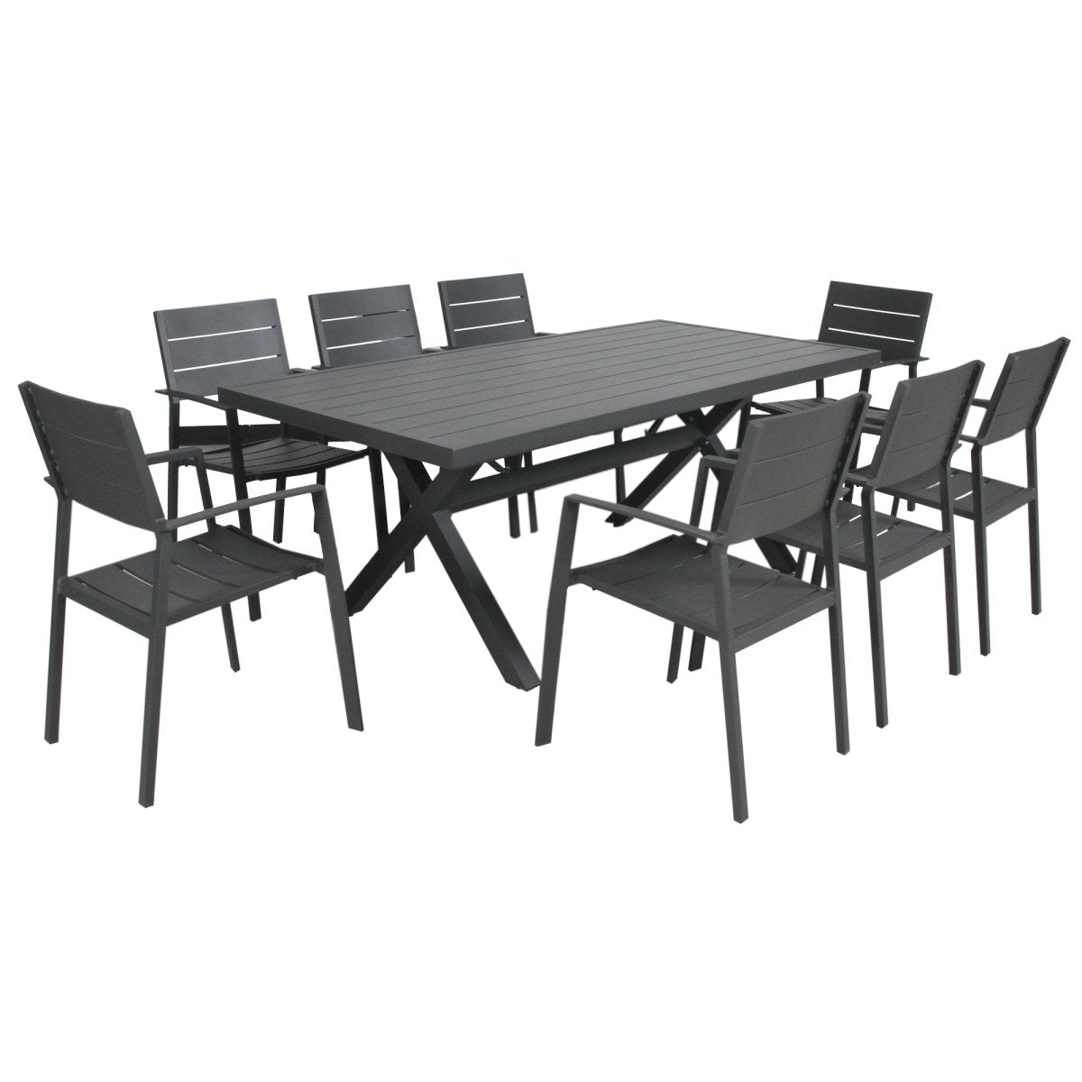 Percy 9pc 200cm Outdoor Trestle Dining Table Chair Set Aluminium Frame Grey - Outdoorium