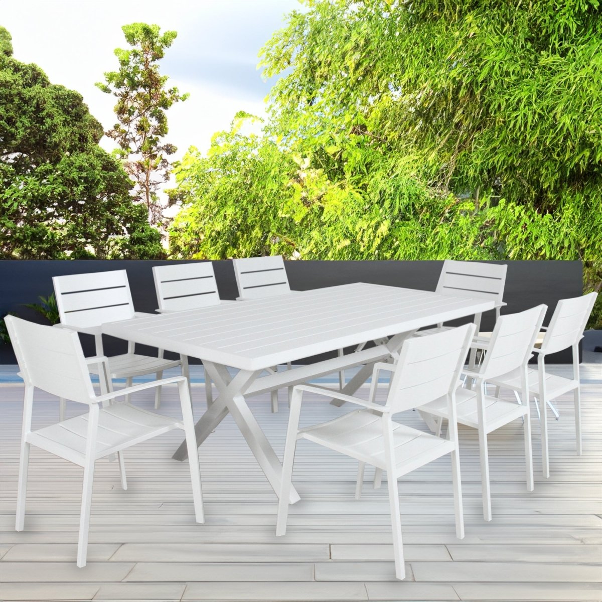 Percy 9pc 200cm Outdoor Trestle Dining Table Chair Set Aluminium Frame White - Outdoorium