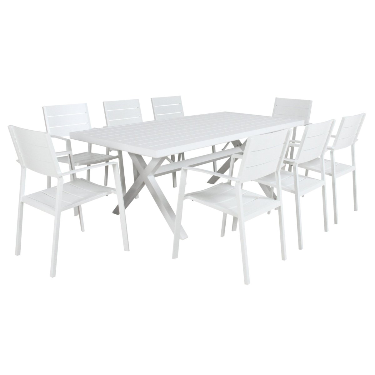 Percy 9pc 200cm Outdoor Trestle Dining Table Chair Set Aluminium Frame White - Outdoorium