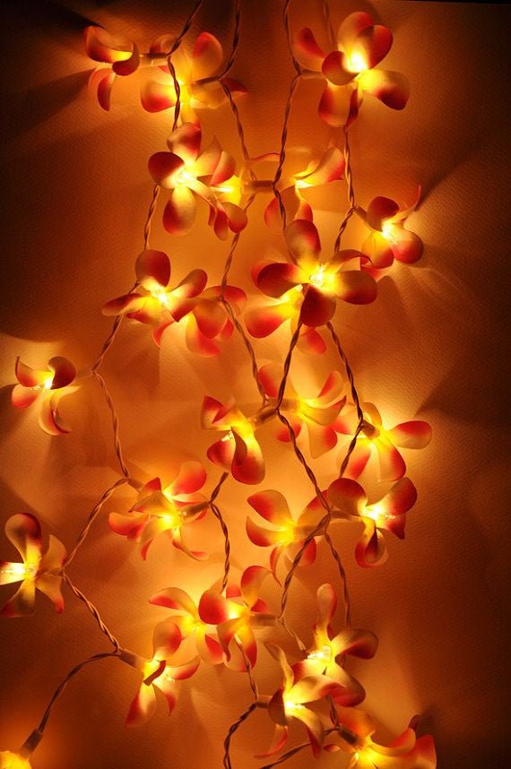 Set of 20 LED Orange Frangipani Flower String Lights - Perfect for Christmas, Wedding &amp; Outdoor Decorations - Outdoorium