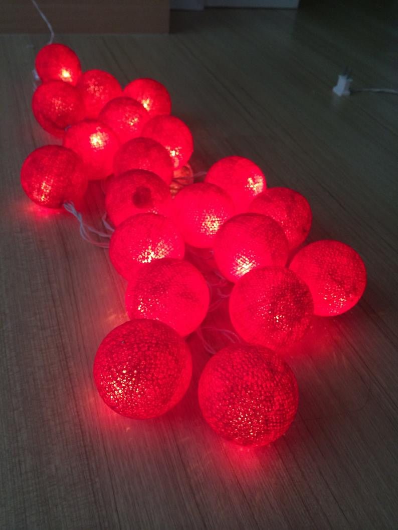 Set of 20 LED Red Cotton Ball String Lights - Ideal for Christmas, Wedding, Indoor & Outdoor Decoration - Outdoorium