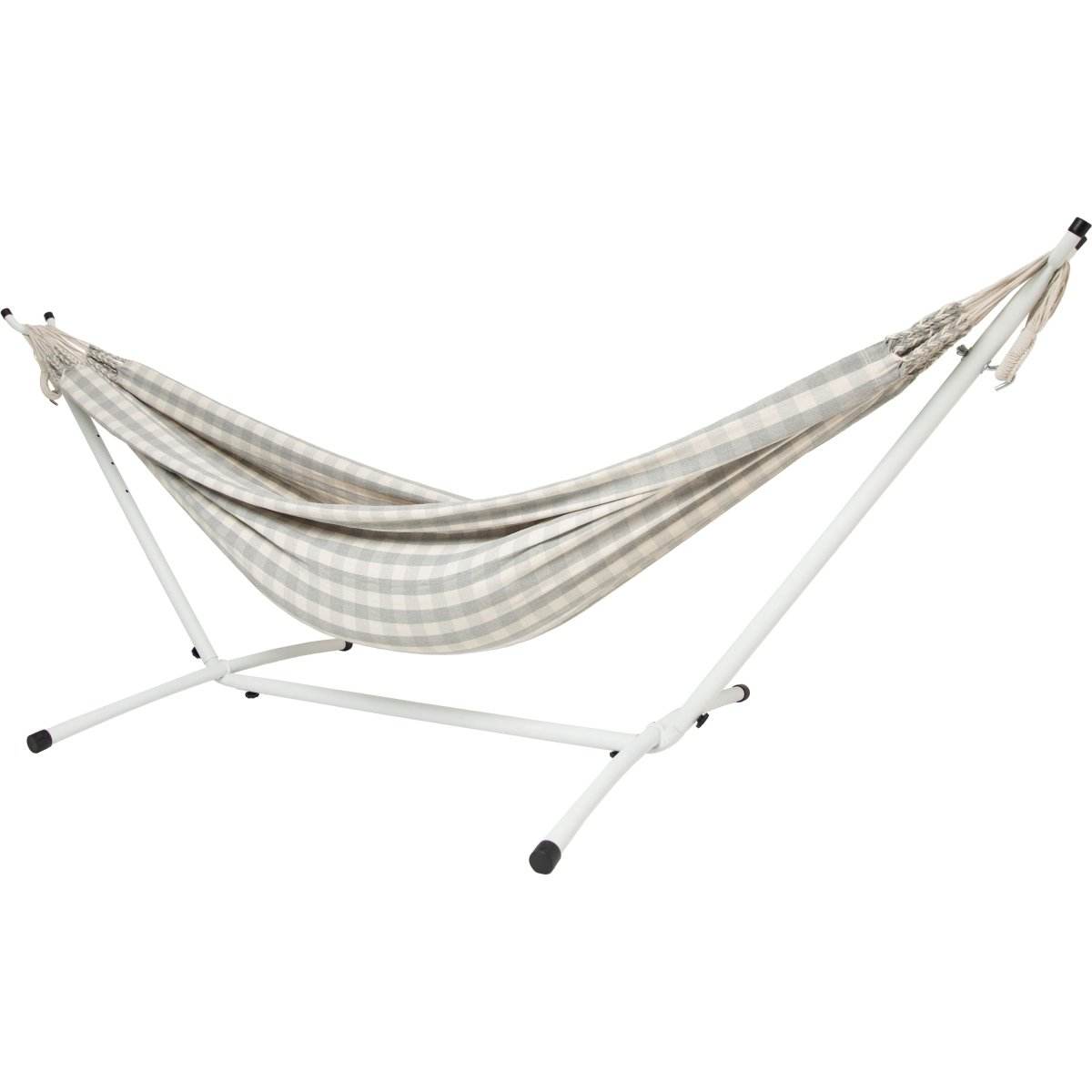 10ft White Universal Steel Hammock Stand & Authentic Double Vichy Hammock in Stone | Outdoorium
