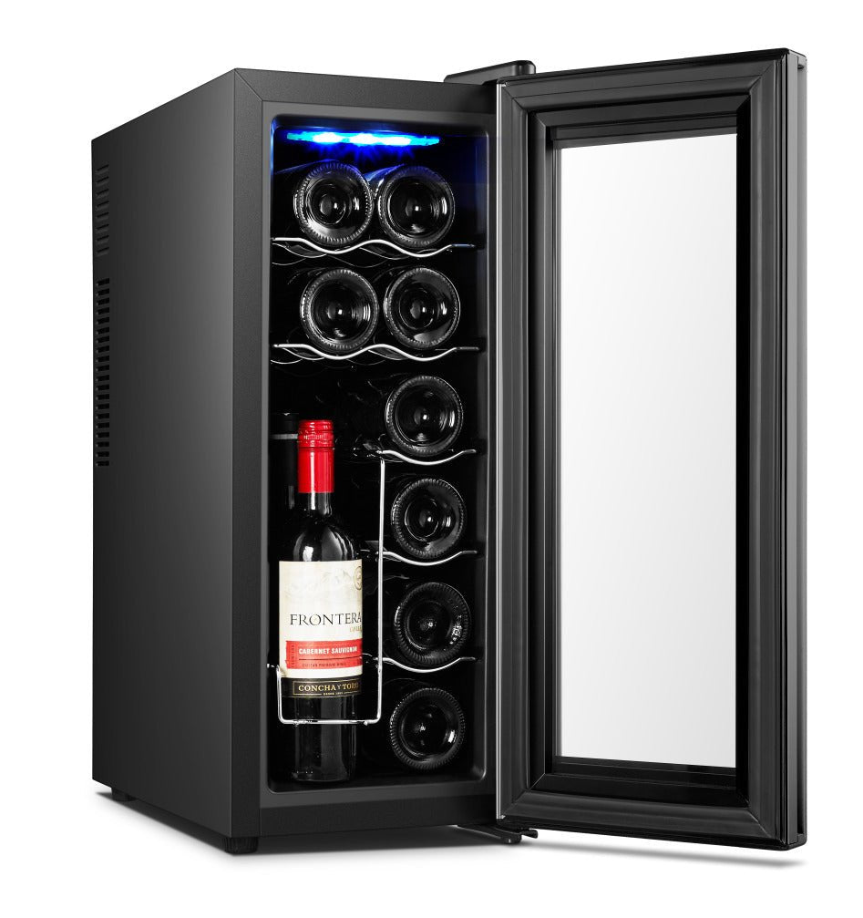12 Bottle Wine Cellar Fridge w/ Glass Door, Temperature Control & Cooler - Outdoorium