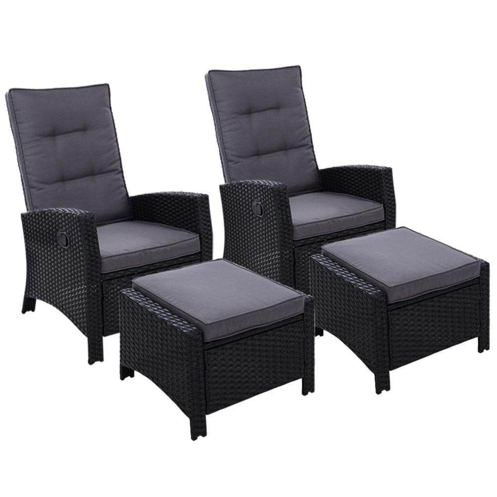 Gardeon 2PC Recliner Chairs Sun lounge Wicker Lounger Outdoor Furniture Adjustable Black - Outdoorium