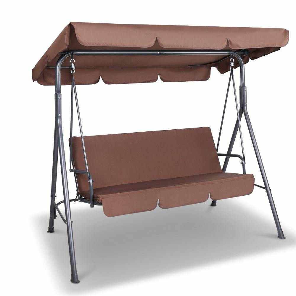 Gardeon Outdoor Swing Chair Garden Bench Furniture Canopy 3 Seater Coffee | Outdoorium