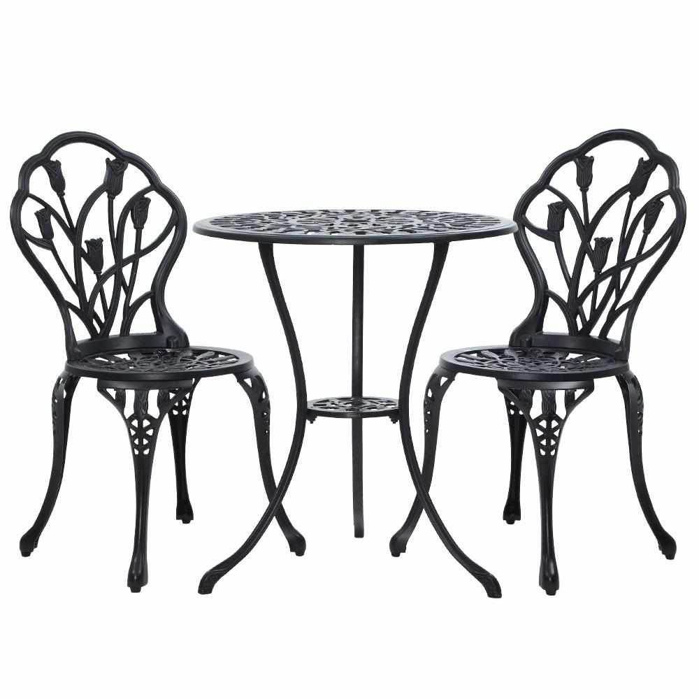 Gardeon 3PC Outdoor Setting Bistro Set Chairs Table Cast Aluminum Patio Furniture Tulip Black | Outdoorium