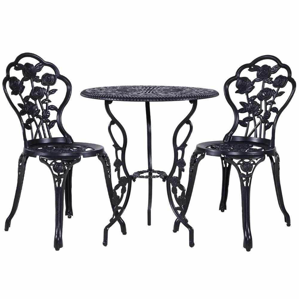 Gardeon 3PC Outdoor Setting Bistro Set Chairs Table Cast Aluminum Rose Black | Outdoorium