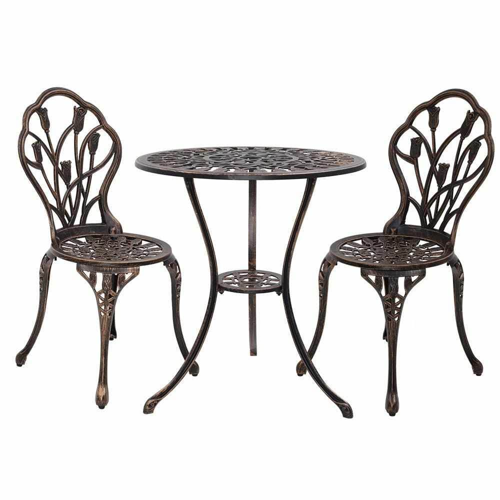 Gardeon 3PC Outdoor Setting Bistro Set Chairs Table Cast Aluminum Patio Furniture Tulip Bronze | Outdoorium