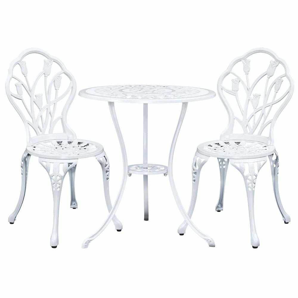 Gardeon 3PC Outdoor Setting Bistro Set Chairs Table Cast Aluminum Patio Furniture Tulip White | Outdoorium