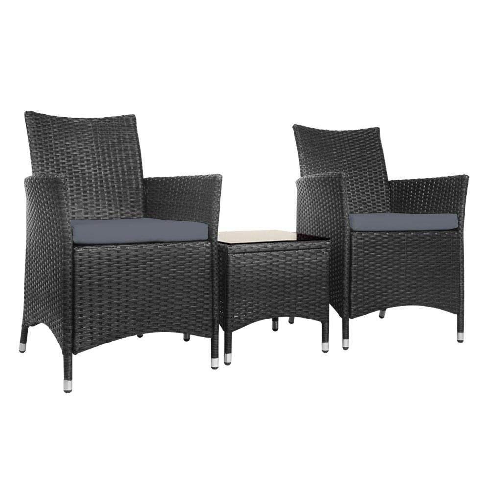 Gardeon 3PC Outdoor Bistro Set Patio Furniture Wicker Chairs Table Cushion Black | Outdoorium