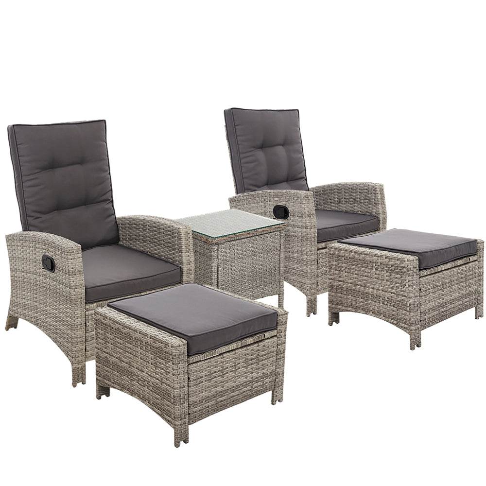 Gardeon 5PC Recliner Chairs Table Sun lounge Wicker Outdoor Furniture Adjustable Grey | Outdoorium