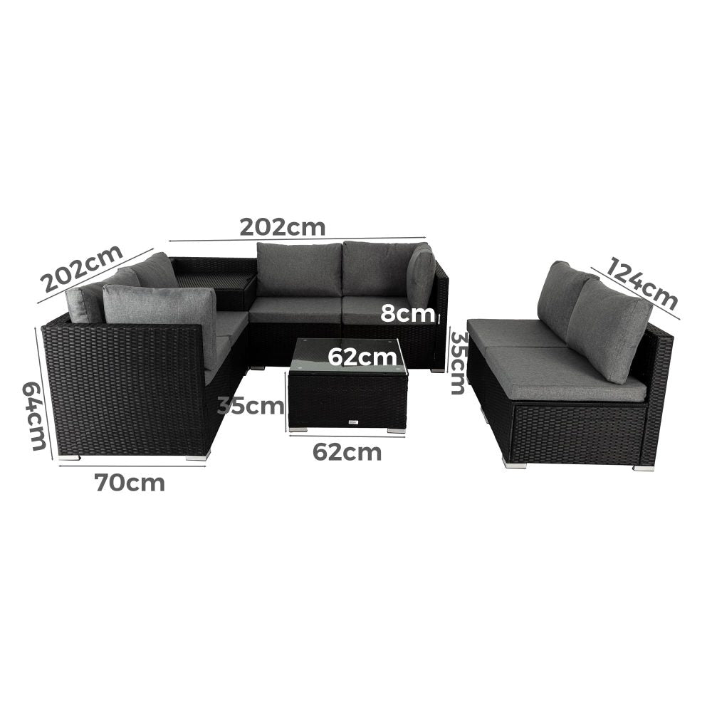 8PCS Outdoor Furniture Modular Lounge Sofa Lizard - Black - Outdoorium
