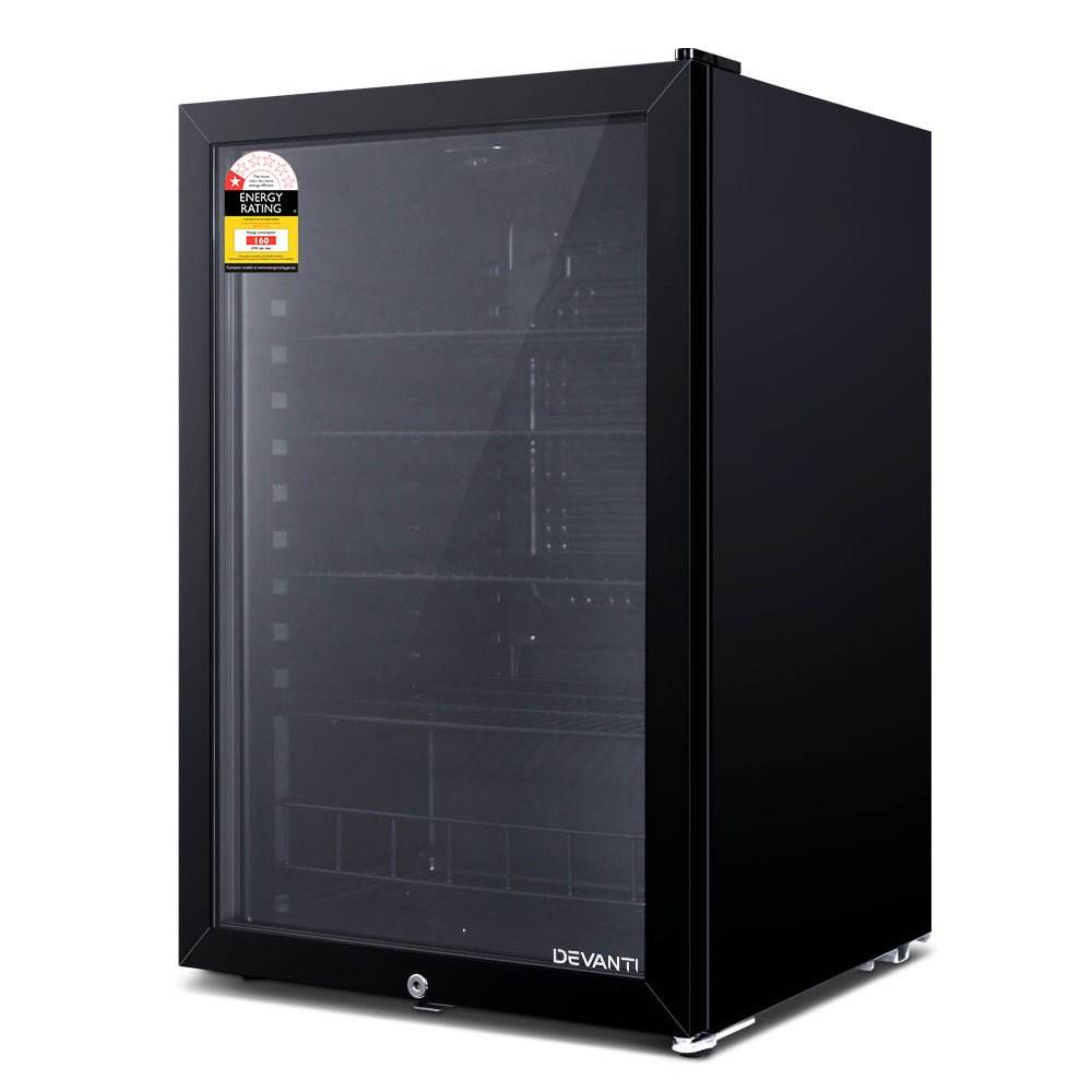 Devanti 115L Bar Fridge Glass Door w/Light Black | Outdoorium
