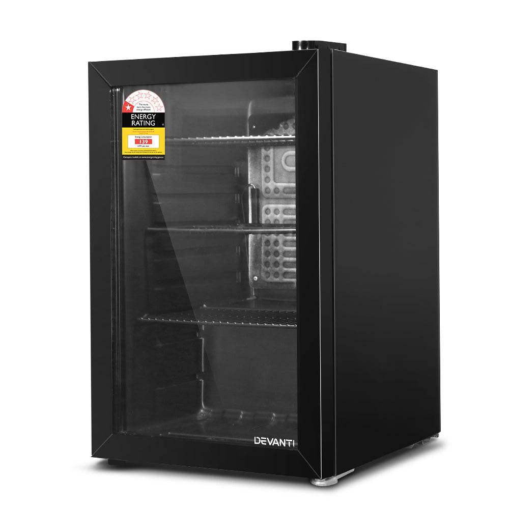 Devanti 70L Bar Fridge Glass Door w/Light Black | Outdoorium