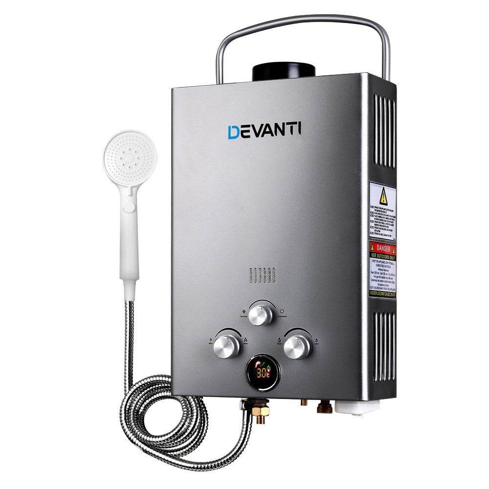 Devanti Portable Gas Water Heater 8L/Min LPG System Grey | Outdoorium