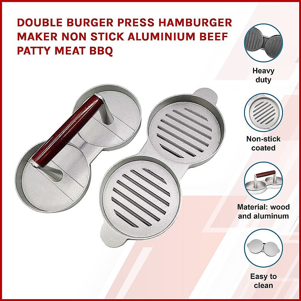 Double Burger Press Hamburger Maker Non Stick Aluminium Beef Patty Meat BBQ - Outdoorium